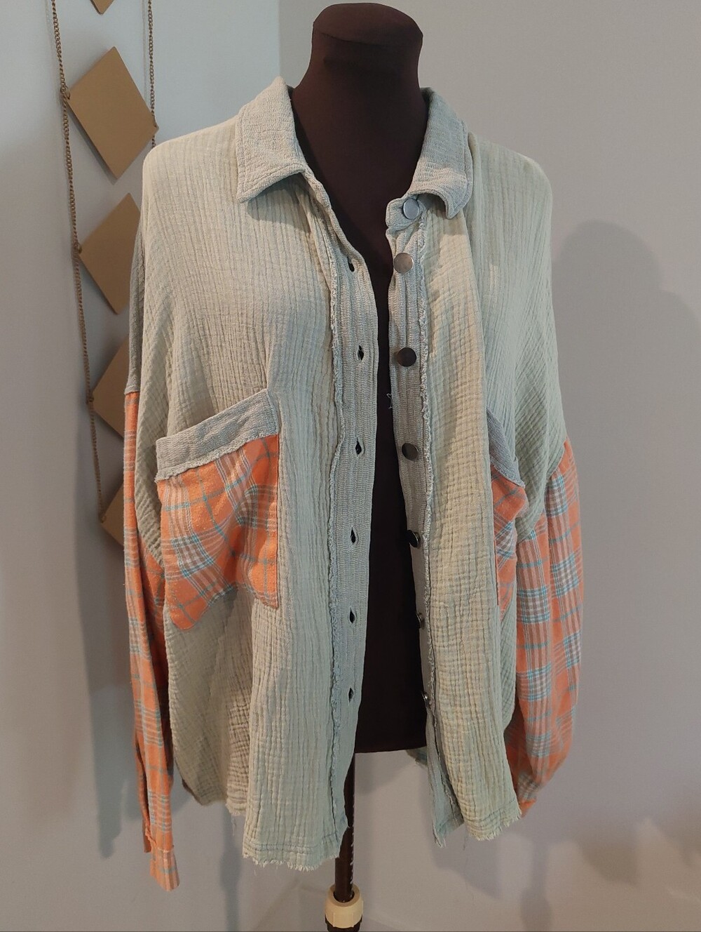 Cotton Gauze/Plaid Patchwork Buttondowm